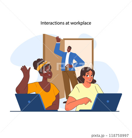 Office interaction. Team communication scene. Work process cooperation and casual talk of employees at workplace. Jobflow and corporate relations in modern company. Flat vector illustration 118758997