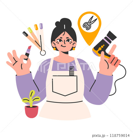 Beauty stylist. Professional fashion and beauty specialist. Female makeup, hairdresser and nail stylist. Beauty salon worker. Flat vector illustration 118759014