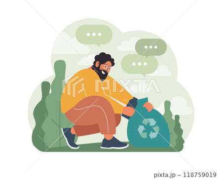 Conscious consumption. Character with eco-friendly life-style. Sustainable practice in the daily life. Garbage collecting, sorting and recycling. Flat vector illustration Conscious consumption. Character with eco-friendly life-style. Sustainable practice in the daily life. Garbage collecting, sorting and recycling. Flat vector illustration 118759019