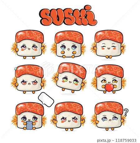 Funny cute happy Sushi characters bundle set. Vector hand drawn doodle style cartoon character illustration icon design. Isolated on green background. Cute Sushi mascot character collection Funny cute happy Sushi characters bundle set. Vector hand drawn doodle style cartoon character illustration icon design. Isolated on green background. Cute Sushi mascot character collection 118759033