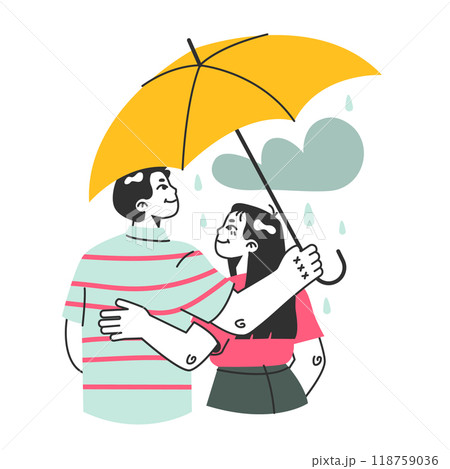 Lovers under the rain. Cute couple walking outdoor under umbrella. Happy man and woman hide from rainy and cloudy weather under umbrella. Flat vector illustration Lovers under the rain. Cute couple walking outdoor under umbrella. Happy man and woman hide from rainy and cloudy weather under umbrella. Flat vector illustration 118759036