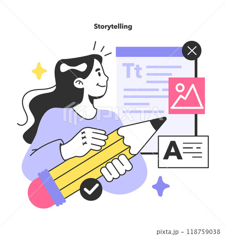 Storytelling for social media marketing and promotion campaign. Woman holding a pen writing a textual content. Copywriter writing an article or essay. Flat vector illustration Storytelling for social media marketing and promotion campaign. Woman holding a pen writing a textual content. Copywriter writing an article or essay. Flat vector illustration 118759038