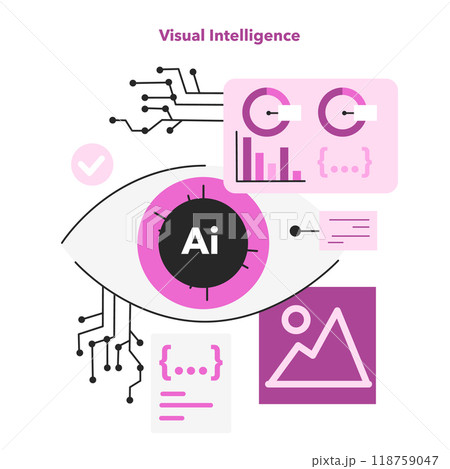Visual intelligence. Ai, self-learning computing system processing data for image recognition. Modern deep machine learning technology. Flat vector illustration 118759047