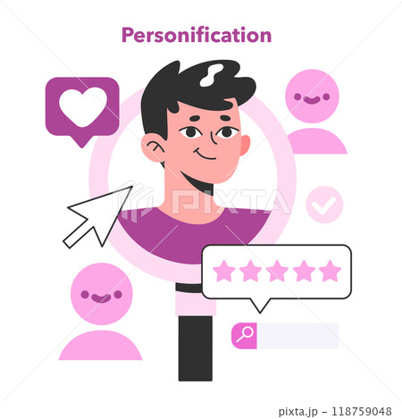 Personification in marketing. Personalized user experience, software settings, content and advert. Content plan and marketing campaign development. Flat vector illustration Personification in marketing. Personalized user experience, software settings, content and advert. Content plan and marketing campaign development. Flat vector illustration 118759048