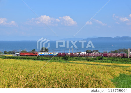 滋賀県高島市鵜川の棚田と貨物列車と琵琶湖の風景 滋賀県高島市鵜川の棚田と貨物列車と琵琶湖の風景 118759064