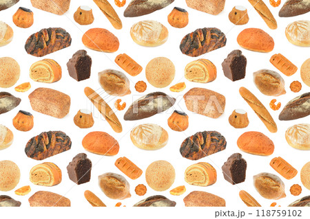 Seamless pattern of delicious bread products made from different types of flour isolated on white 118759102