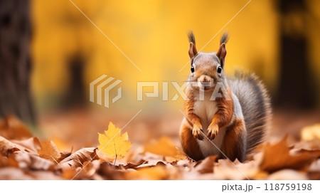 秋の森で出会ったエゾリス 118759198