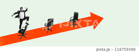 Businessman balancing on office chairs lined up on red arrow, symbolizing promotion, challenges and ambitions. Contemporary art collage. 118759390