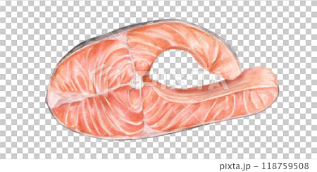 Slice of raw trout steak fish prepared for cooking watercolor food illustration. Steamed salmon steak hand drawn painting ingredient for seafood and marine recipes, menu, cookbook. Top view 118759508