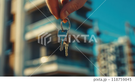 Close-up of man holding house key in new home Generative AI Close-up of man holding house key in new home Generative AI 118759845