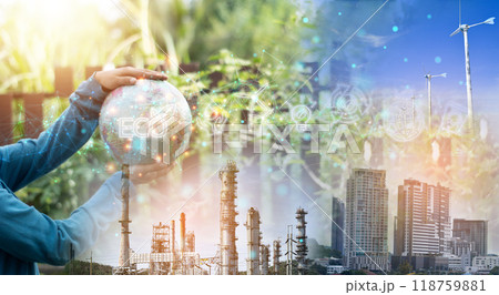 The concept of creating a green ecosystem, reducing global warming, reducing carbon, and using clean energy. 118759881