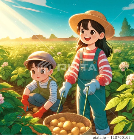 畑でお手伝いをする子供たち 118760162