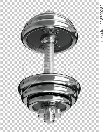 Black adjustable dumbbell, weightlifting gym equipment, side view 118760280