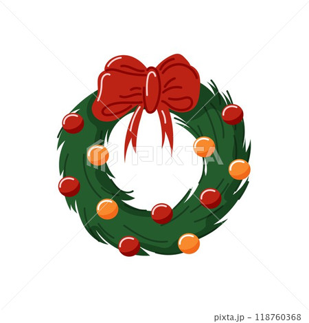 Christmas door wreath with golden and red balls and bow in cartoon style. Decorative design element for holiday isolated on a white background. New Year holiday. 118760368