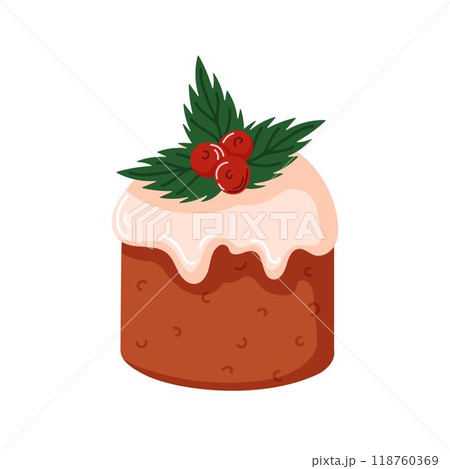 Festive Christmas cake topped with white icing, holly leaves and red berries in cartoon style. Ideal for holiday design, greeting card or seasonal culinary menu. Isolated on a white background. 118760369