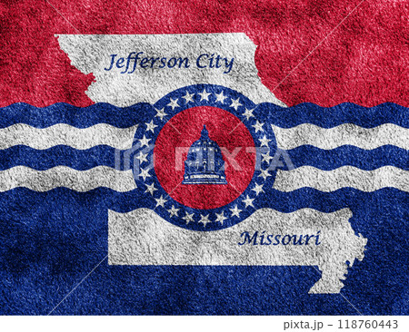 Flag of the city of Jefferson City, Missouri, USA, on a background of fabric texture. Conceptual collage 118760443