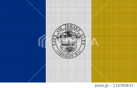 Flag of the city of Jersey City, New Jersey, USA, on a background of fabric texture. Conceptual collage Flag of the city of Jersey City, New Jersey, USA, on a background of fabric texture. Conceptual collage 118760635