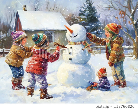 Children Building a Snowman in a Snowy Winter Landscape 118760826