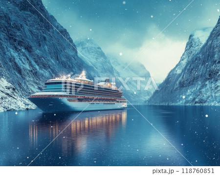Cruise Ship Sailing Through a Snowy Mountain Fjord 118760851