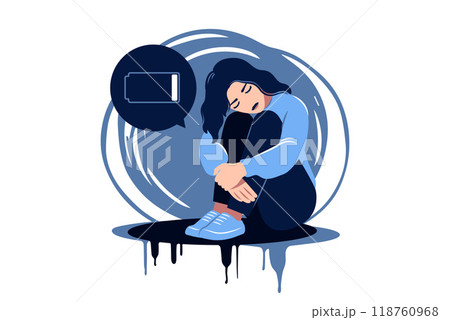 Tired woman sitting with a discharged battery in the thoughts. Concept emotional burnout or mental disorder. Vector flat Tired woman sitting with a discharged battery in the thoughts. Concept emotional burnout or mental disorder. Vector flat 118760968
