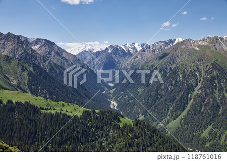 Summer landscape of the Karakol Gorge. Mountain range Summer landscape of the Karakol Gorge. Mountain range 118761016
