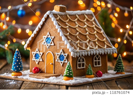Gingerbread house decorated with colorful candies Gingerbread house decorated with colorful candies 118761074