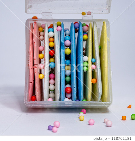 Set of chalk of different colors for seamstresses isolated on white background 118761181
