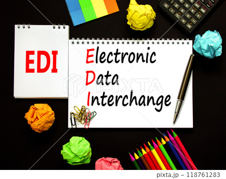 EDI electronic data interchange symbol. Concept words EDI electronic data interchange on white note. Beautiful black background. Business and EDI electronic data interchange concept. Copy space. 118761283