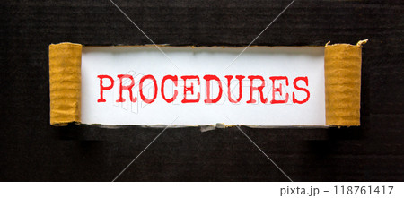 Procedures symbol. Concept word Procedures on beautiful white paper. Beautiful black paper background. Business procedures concept. Copy space. 118761417