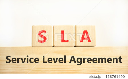 SLA service level agreement symbol. Concept words SLA service level agreement on beautiful wooden blocks. Beautiful white background. Business SLA service level agreement concept. Copy space. 118761490