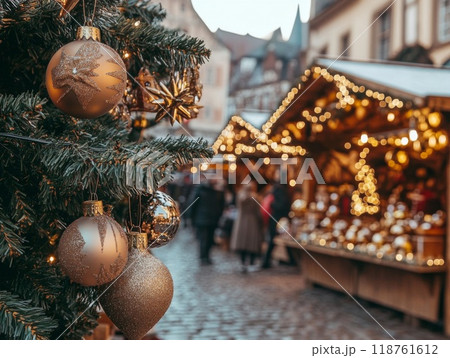 Christmas Tree Ornaments in Front of a Blurred European Market 118761612