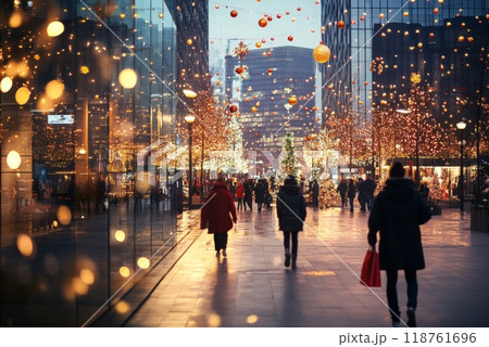 Festive Cityscape with Christmas Lights and Pedestrians 118761696