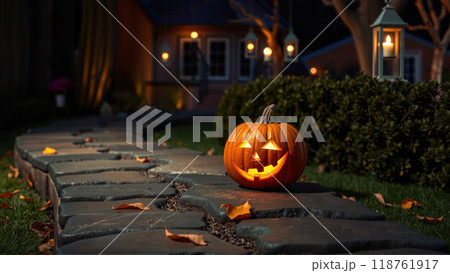 Halloween background with jack-o'-lantern on a rocky path 118761917