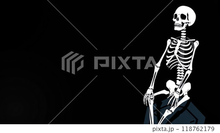 Halloween background with a skeleton sitting on a coffin 118762179