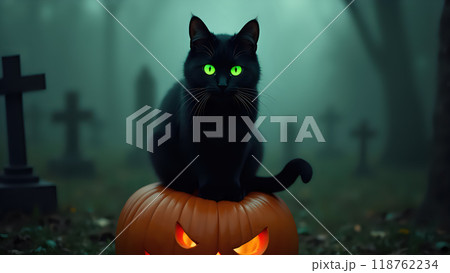Black cat with glowing green eyes on a jack-o-lantern Black cat with glowing green eyes on a jack-o-lantern 118762234