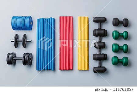Variety of colorful home fitness equipment on light background. Dumbbells, resistance bands, and yoga mats showcase a complete at home workout setup 118762857
