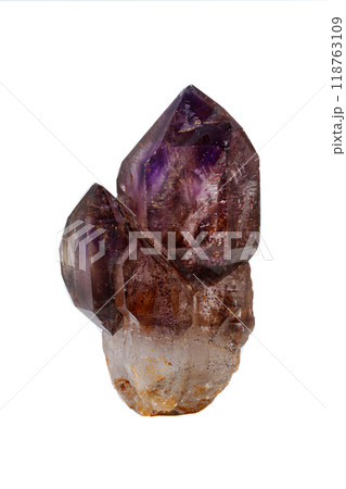 macro mineral stone Amethyst on smoky quartz on a white background macro mineral stone Amethyst on smoky quartz on a white background 118763109