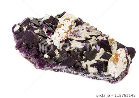 Macro stone mineral Fluorite on a white background Macro stone mineral Fluorite on a white background 118763145