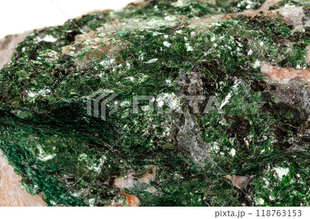 Macro mineral stone Fuchsite on a white background Macro mineral stone Fuchsite on a white background 118763153