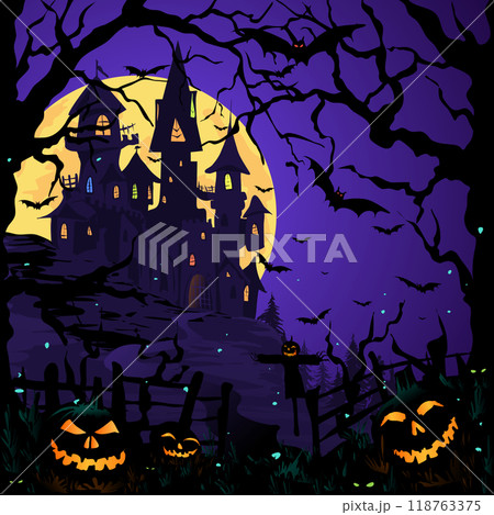Vector Image Gradient Halloween background with jack lantern pumpkins and bats. Vector illustration night landscape with a huge moon and a castle with bats. in the foreground are evil pumpkins under 118763375