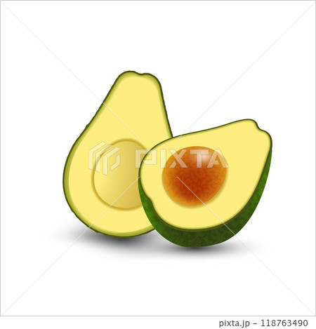 Vector realistic fresh fruit avocado isolated on white background. Whole and cut in half avocado with pit. Vector illustration. 118763490