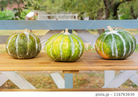 Fresh assorted pumpkin in an autumn garden. Various pumpkins stacked on a wooden table. Halloween symbols. Sunny day. Fresh assorted pumpkin in an autumn garden. Various pumpkins stacked on a wooden table. Halloween symbols. Sunny day. 118763630