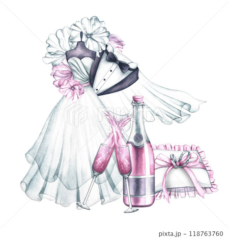Wedding composition. A white wedding dress on a mannequin, a veil and a tuxedo of the groom, wedding rings and pink champagne. The logo of the wedding salon. A watercolor illustration made by hand. 118763760