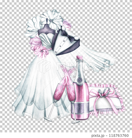 Wedding composition. A white wedding dress on a mannequin, a veil and a tuxedo of the groom, wedding rings and pink champagne. The logo of the wedding salon. A watercolor illustration made by hand. 118763760