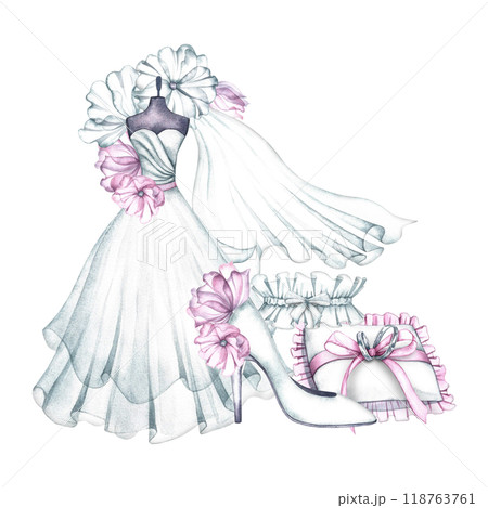 Wedding composition. A white wedding dress on a mannequin, a veil and wedding rings, a slipper and a garter. The logo of the wedding boutique. A watercolor illustration made by hand. 118763761