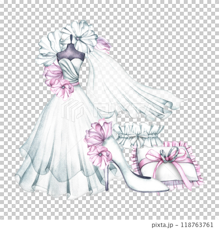 Wedding composition. A white wedding dress on a mannequin, a veil and wedding rings, a slipper and a garter. The logo of the wedding boutique. A watercolor illustration made by hand. Wedding composition. A white wedding dress on a mannequin, a veil and wedding rings, a slipper and a garter. The logo of the wedding boutique. A watercolor illustration made by hand. 118763761