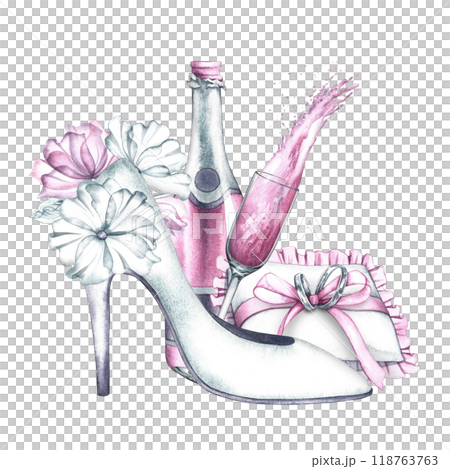 The wedding composition is made in delicate white and pink tones. Women's high-heeled shoes, wedding rings on a cushion. A bottle and a glass of pink champagne. A watercolor illustration made by hand. The wedding composition is made in delicate white and pink tones. Women's high-heeled shoes, wedding rings on a cushion. A bottle and a glass of pink champagne. A watercolor illustration made by hand. 118763763