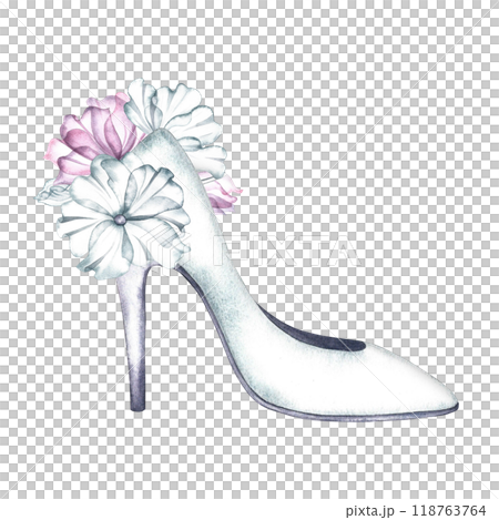 White fashionable women's high-heeled shoes decorated with flowers. An element of the bride's outfit. The lady logo. A watercolor illustration made by hand. For the design of postcards, banner, flyer White fashionable women's high-heeled shoes decorated with flowers. An element of the bride's outfit. The lady logo. A watercolor illustration made by hand. For the design of postcards, banner, flyer 118763764