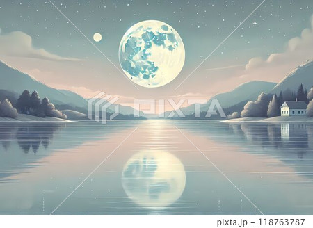満月の夜の湖に反射する満月と星空の風景画 118763787