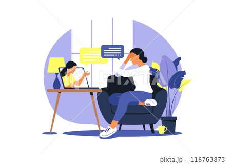 Online therapy and counselling under stress and depression. Young woman psychotherapist supports female with psychological problems. Vector 118763873